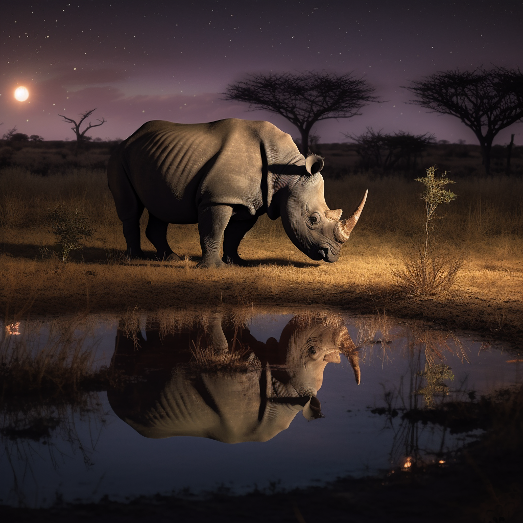 Rhino at a watering hole at night