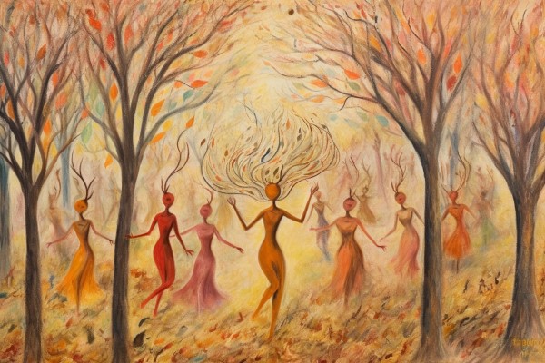 pencil crayon drawing of dryads dancing in the forest