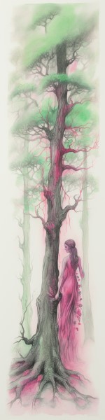 dryad and her tree - pencil crayon drawing