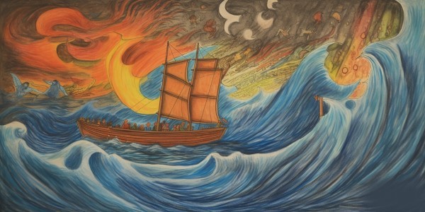 pencil crayon drawing of odysseus in his ship
