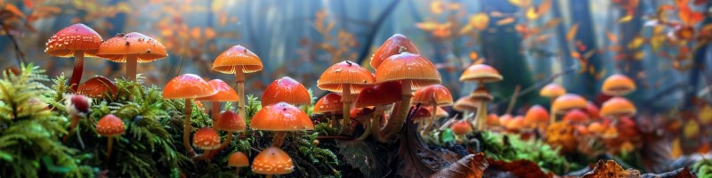 photo of orange mushrooms and some moss on the forest floor