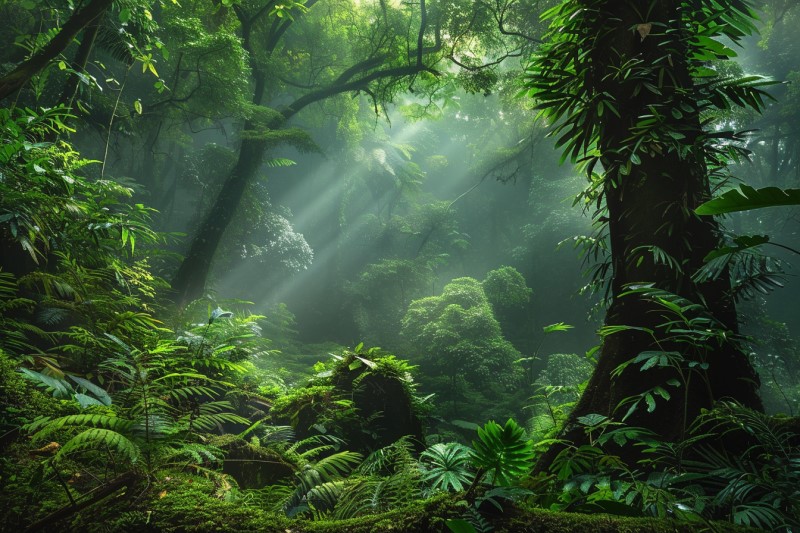 rainforest with a beam of sunlight shining through.
