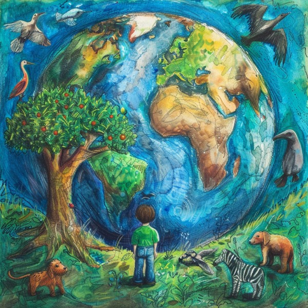 artwork of a child looking at the planet earth
