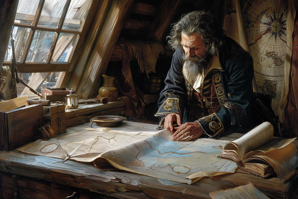digital image of Captain Kidd studying his maps