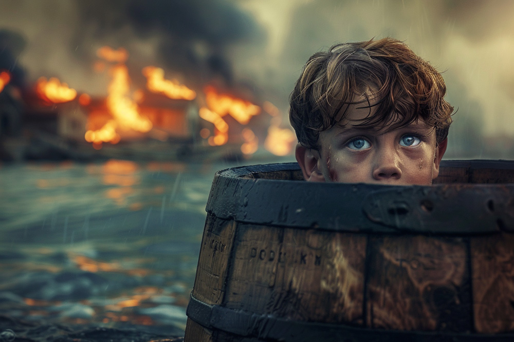 digital image of the boy Thomas hiding in a barrel