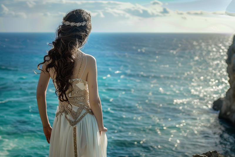 digital art of Aphrodite, Greek goddess of beauty staring at the ocean