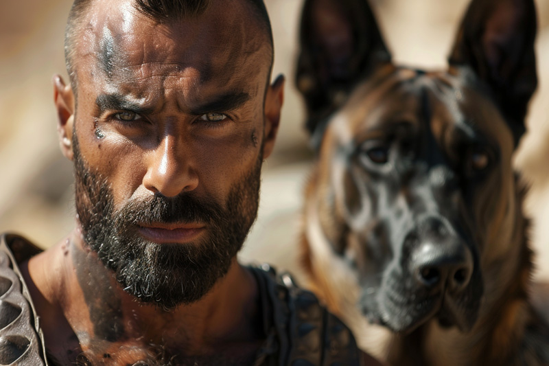 digital art of Ares, Greek god of war and his loyal dog