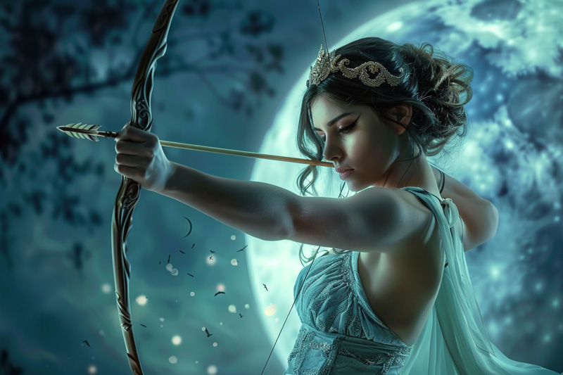 digital art of Artemis, Greek goddess of the Hunt and Moon aiming her bow