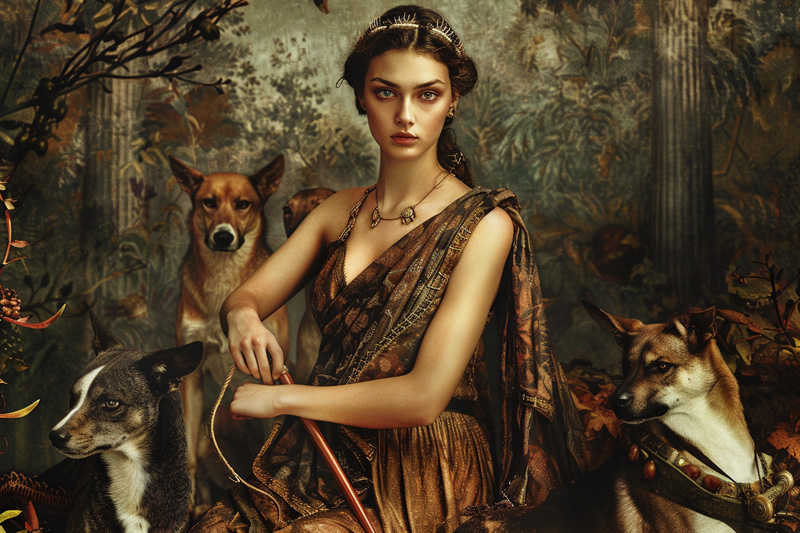 digital art of Artemis, Greek goddess of the Hunt and Moon and her hounds