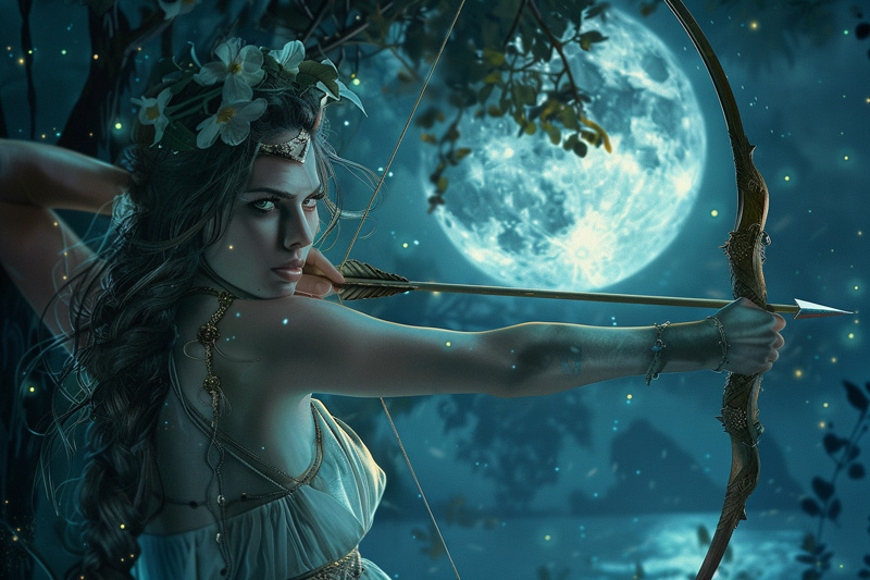 digital art of Artemis, Greek goddess of the Hunt and Moon aiming her bow at night