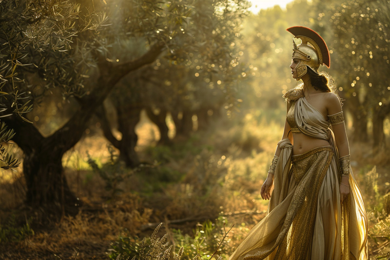 digital art of Athena, Goddess of Wisdom and Warfare in an olive grove