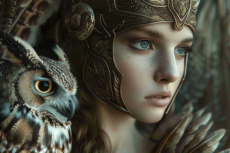 digital art of Athena, Goddess of Wisdom and Warfare with her owl