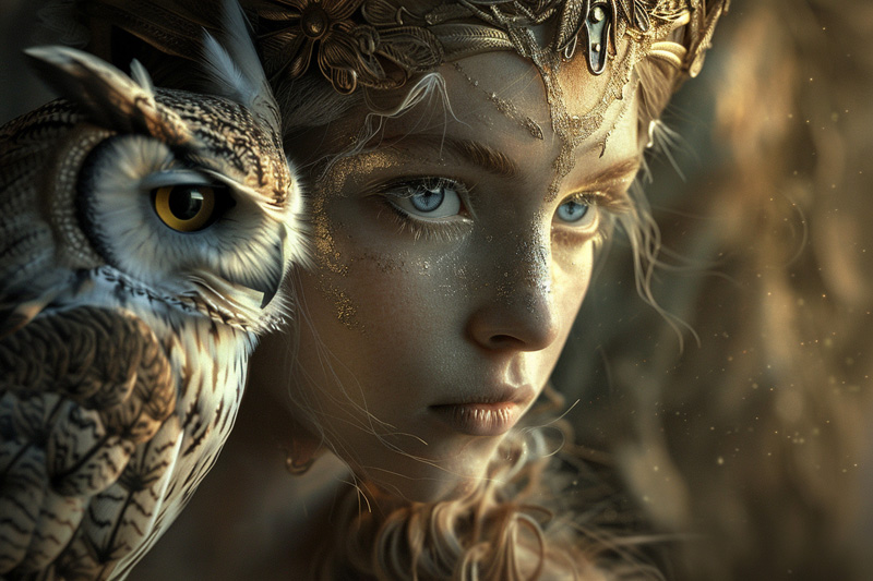 digital art of Athena, Goddess of Wisdom and Warfare with her owl