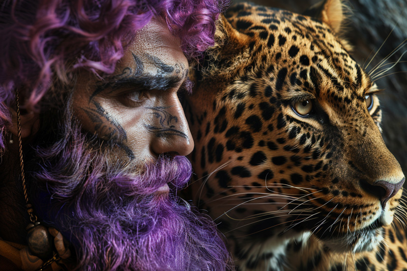 digital art of Dionysus, God of Wine and Festivity with his leopard