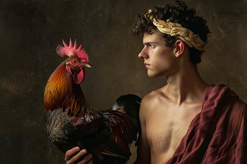 digital art of Hermes messenger of the Greek gods with a rooster
