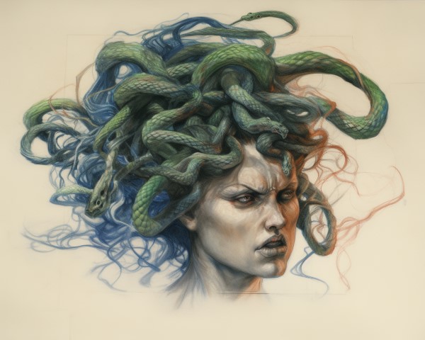 pencil crayon drawing of Medusa