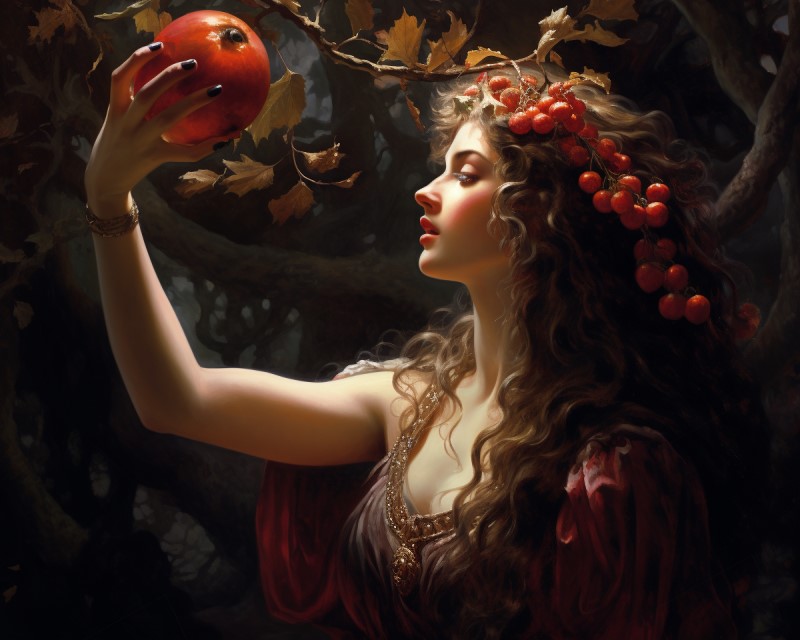 artwork of Persephone plucking a pomegranate