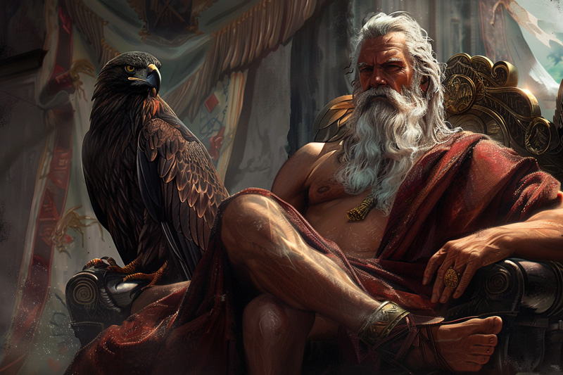 digital art of Zeus on his throne and his eagle sitting beside him