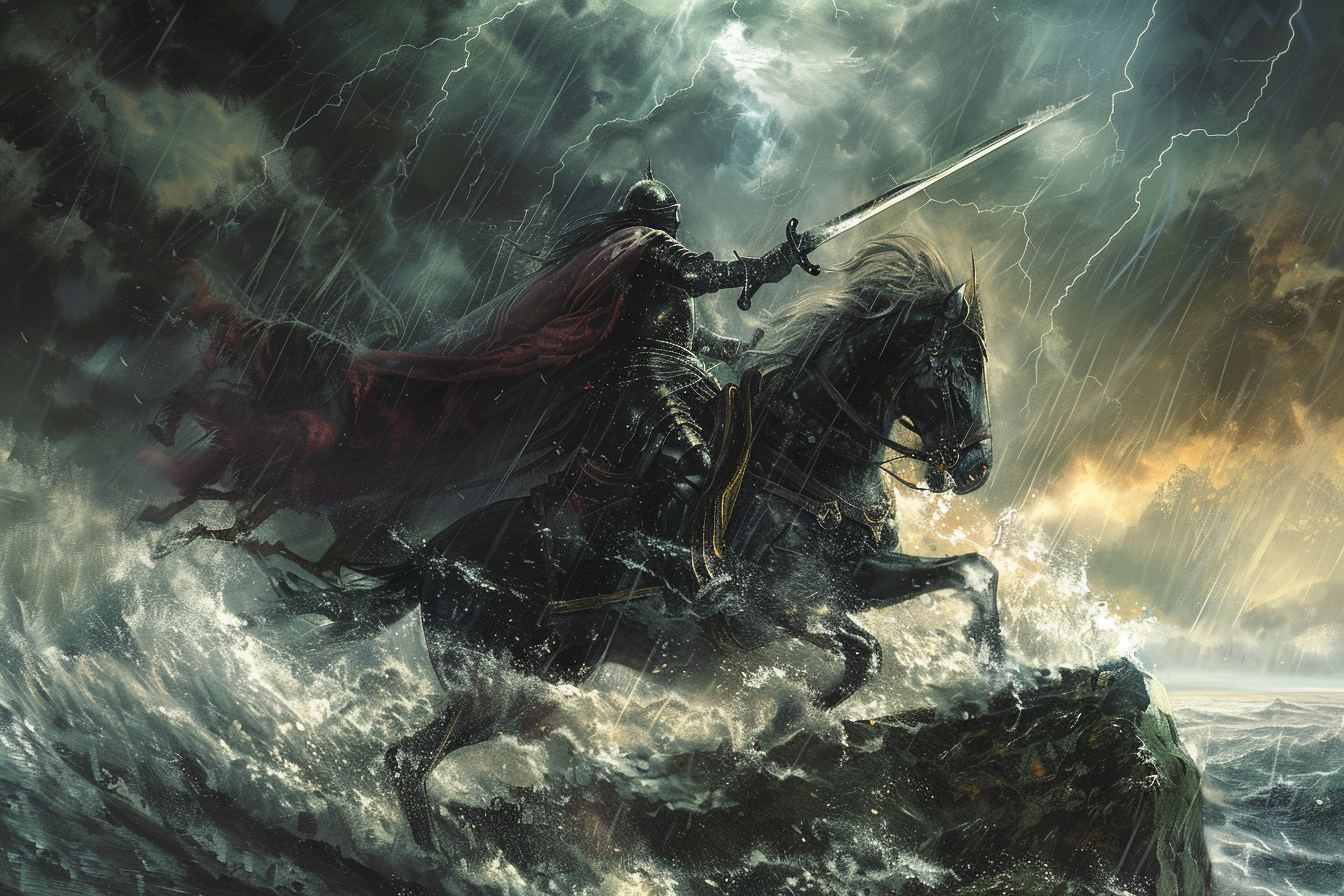digital art of the black knight charging through the storm on his fierce warhorse.