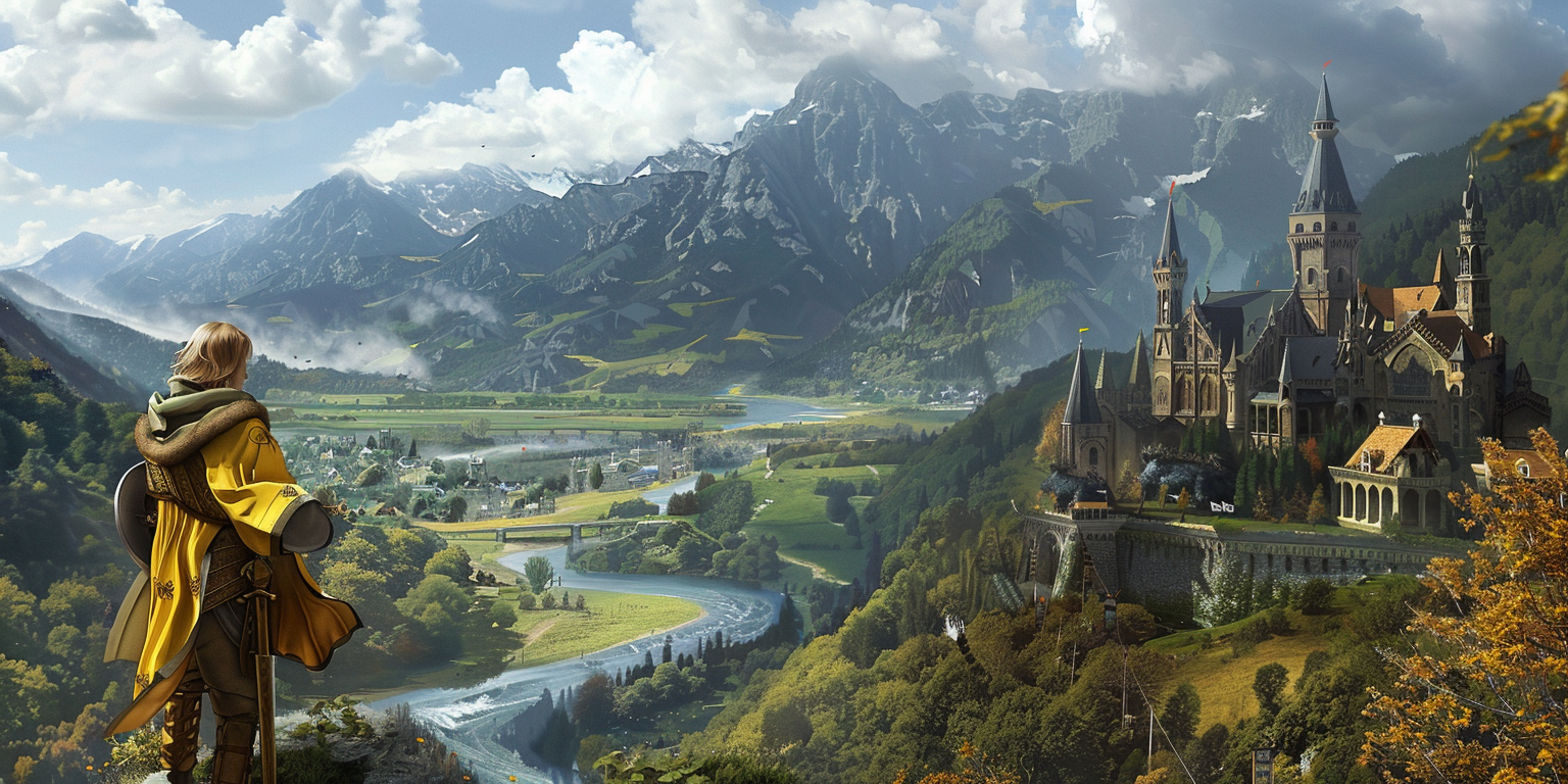 digital art of a knight looking down over a lush valley with a majestic castle.