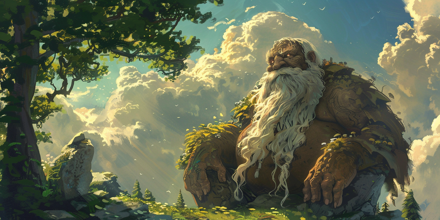 digital art of a giant sitting near a forest