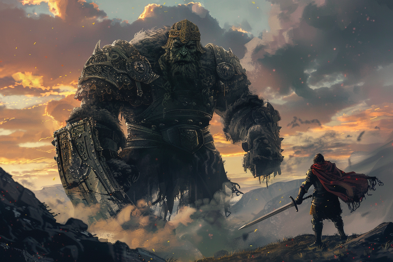 digital art of Owain facing off against the giant.