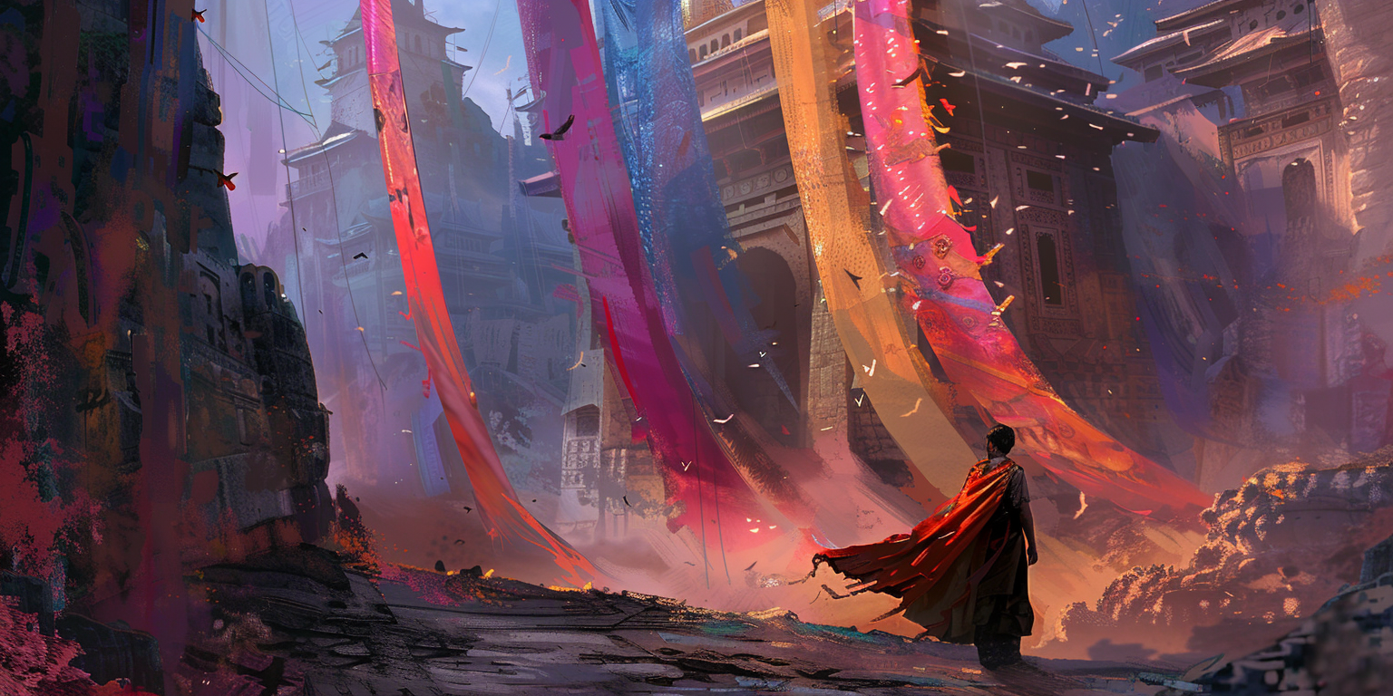digital art of a man approaching a grand pavillion