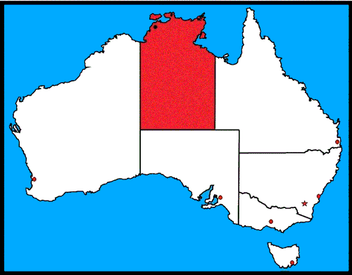 A map of Australia with Northern Territory highlighted red