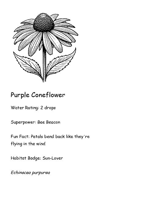 Coloring card of a Purple Coneflower with fun fact, superpower, and water rating