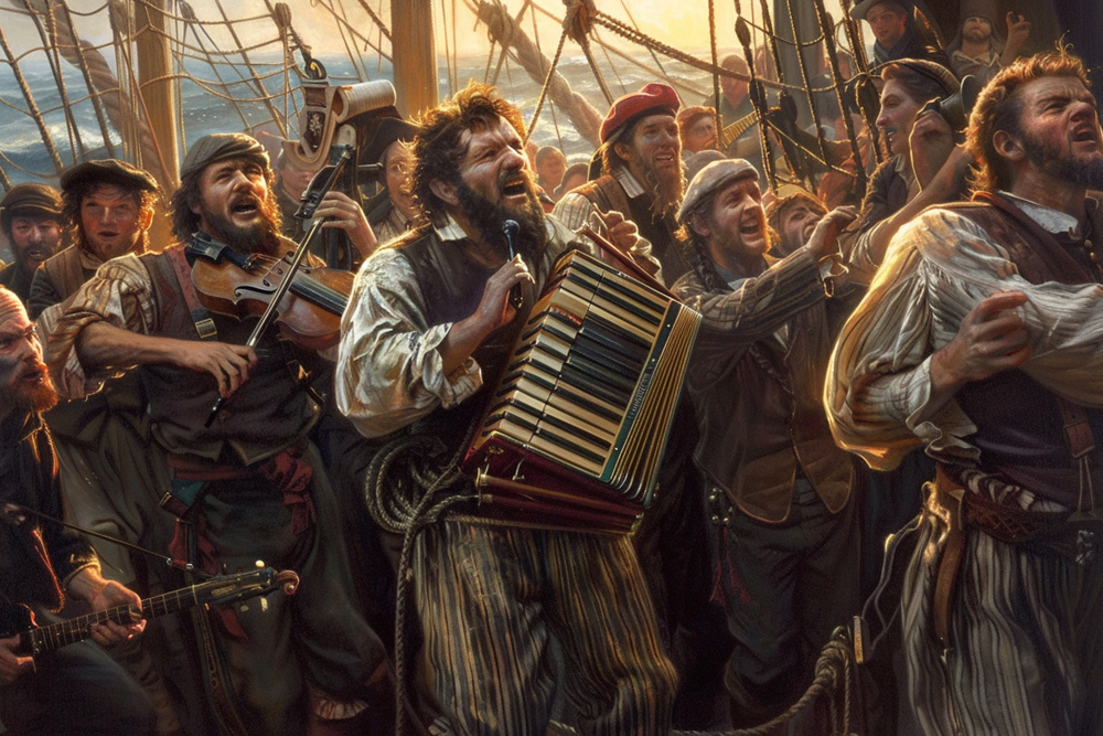 digital image of people on the harbor singing a sea shanty