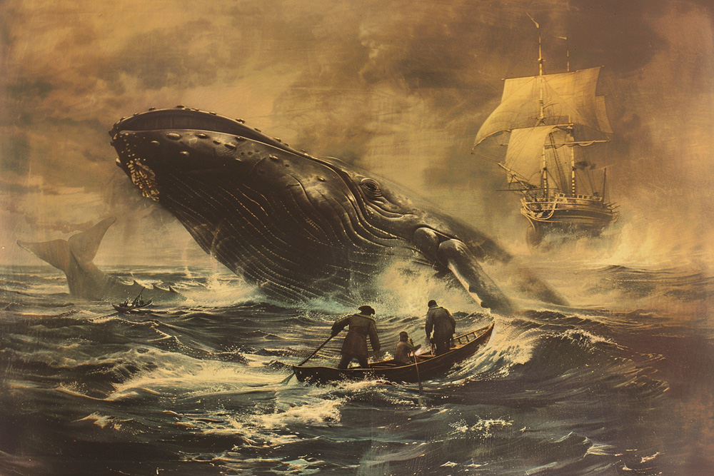 digital image of the whaler aiming for the breaching whale
